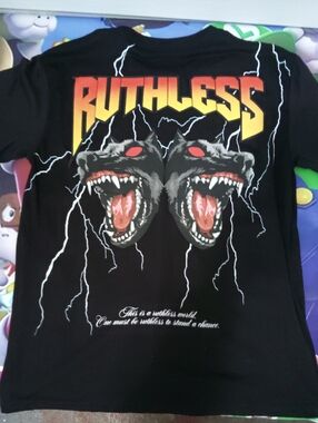 Ruthless Graphic Black Tee with Twin Wolf Heads